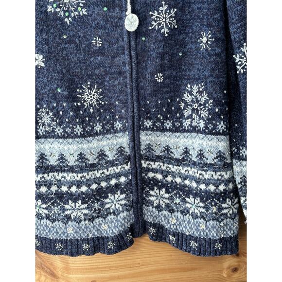 VTG Tiara International Holiday Snow Flake Beaded Sequin Sweater Sz L Zip Up - Picture 3 of 7
